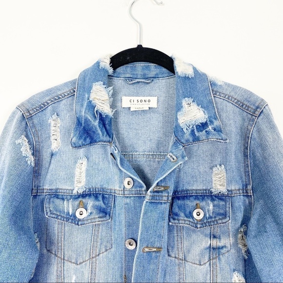 CI SONO Light Denim Distressed Jean Jacket Coat Destroyed Casual Trendy Large - Picture 5 of 9